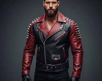 Handmade Spiked Leather Biker Jacket – Red & Black Punk Moto Coat