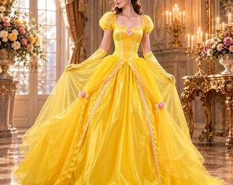Yellow Princess Ball Gown Costume, Fairy Tale Cosplay Dress, Adult Royal Court Gown