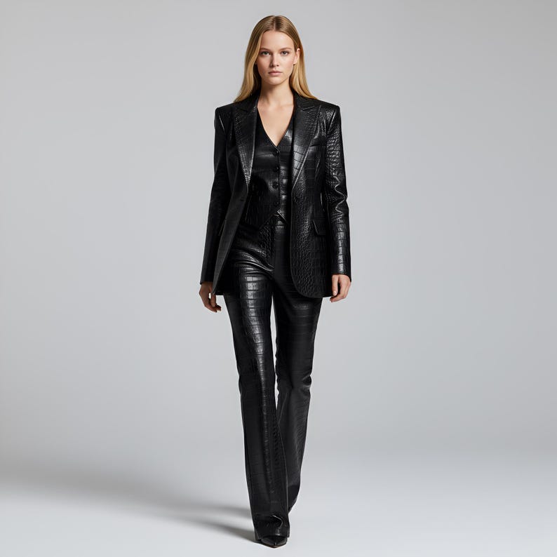 Women's Black Crocodile Leather Blazer & Pants Suit Set