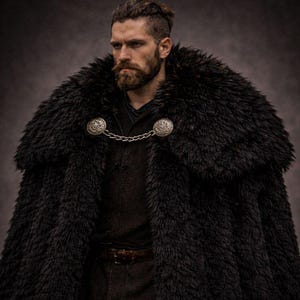 May include: A heavy black faux fur cloak featuring a large, thick collar and two circular silver-toned metal brooches connected by a matching silver chain across the chest. The garment is worn over a dark brown textured tunic with a leather belt.