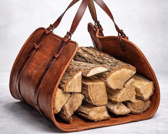 Heavy Duty Waxed Canvas Firewood Carrier, Leather Log Tote for Camping Use