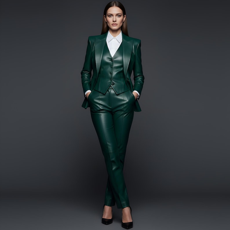 May include: A three-piece, emerald green leather suit. The suit includes a blazer, vest, and tailored pants. A white collared shirt is worn underneath the vest. Black high heels complete the outfit. The background is a solid, dark gray.