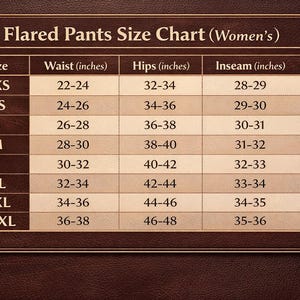 May include: A brown and beige flared pants size chart with measurements in inches. The chart includes sizes XXS to XXXL, listing waist, hips, and inseam measurements. The text "Flared Pants Size Chart (Women's)" is at the top.