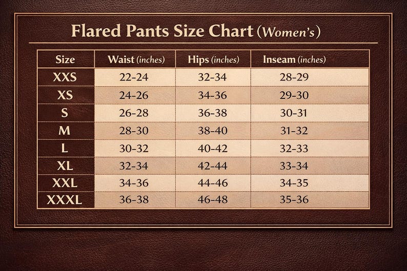 May include: A brown and beige flared pants size chart with measurements in inches. The chart includes sizes XXS to XXXL, listing waist, hips, and inseam measurements. The text "Flared Pants Size Chart (Women's)" is at the top.