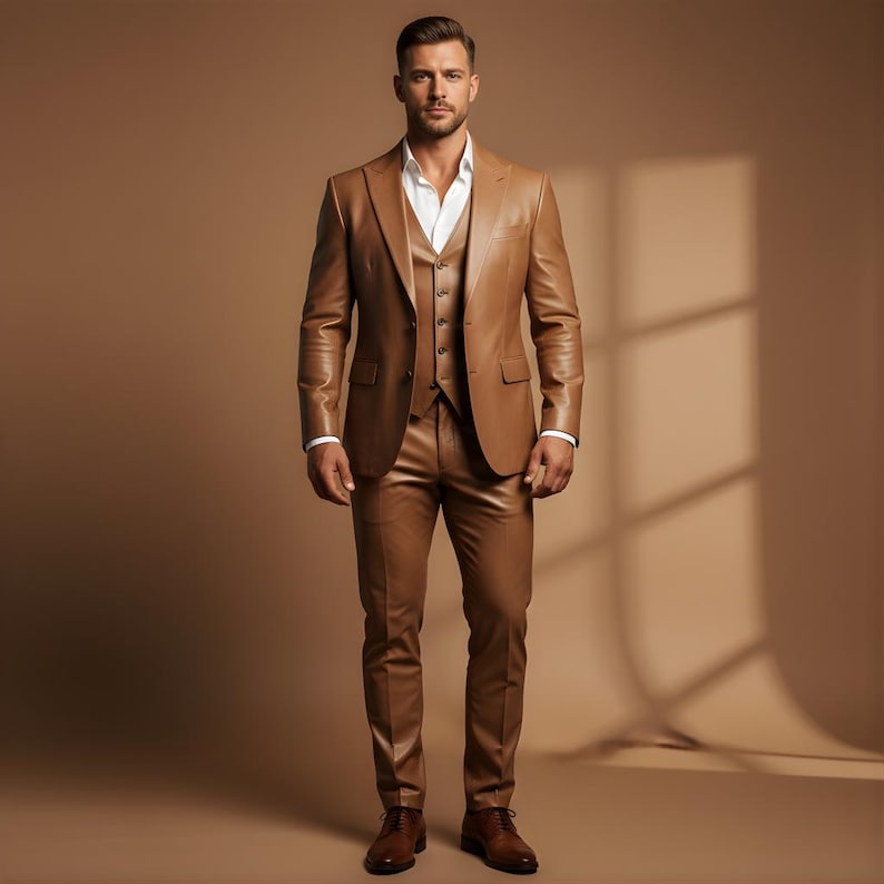 May include: A three-piece brown leather suit with a matching vest and trousers. The suit is worn over a white dress shirt. The man is wearing brown leather dress shoes. The background is a solid brown color.