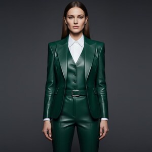 May include: A dark green leather suit, consisting of a blazer, vest, and pants, worn over a white collared shirt. The blazer has a tailored fit, and the pants are high-waisted. The suit is accessorized with a matching belt.