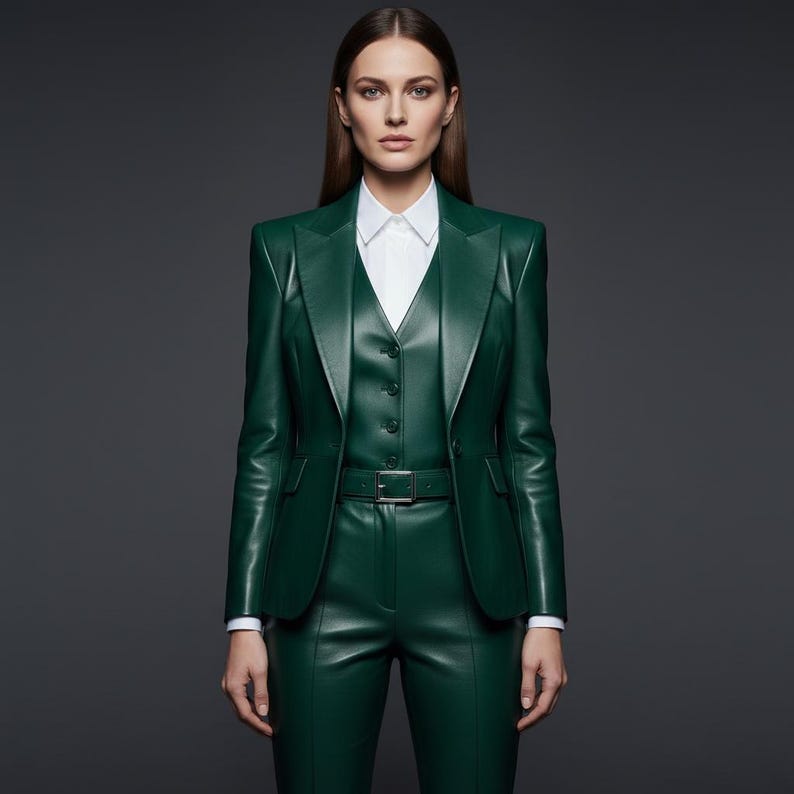 May include: A dark green leather suit, consisting of a blazer, vest, and pants, worn over a white collared shirt. The blazer has a tailored fit, and the pants are high-waisted. The suit is accessorized with a matching belt.