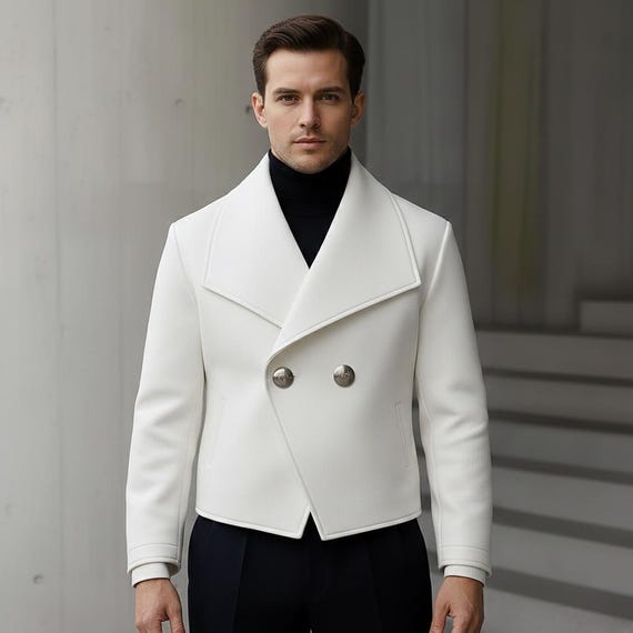 White Leather Peacoat Jacket Handmade Cowhide Leather Double Breasted Designer Winter Coat For Men