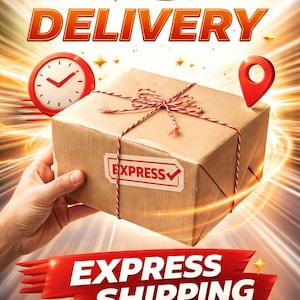 Könnte beinhalten: Ein braunes Kartonpaket, das mit rot-weißem Bindfaden verschnürt ist und mit "EXPRESS" mit einem Häkchen versehen ist. Das Bild enthält die Wörter "FAST DELIVERY" und "EXPRESS SHIPPING" in Rot sowie eine Uhr und eine Standortnadel.