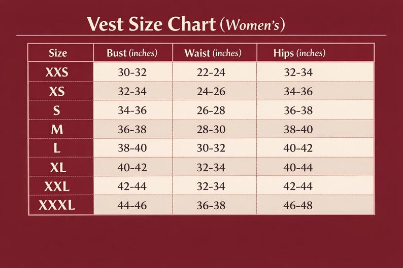 May include: A vest size chart for women, with bust, waist, and hip measurements in inches. Sizes range from XXS to XXXL, with corresponding measurements. The chart is on a burgundy background.