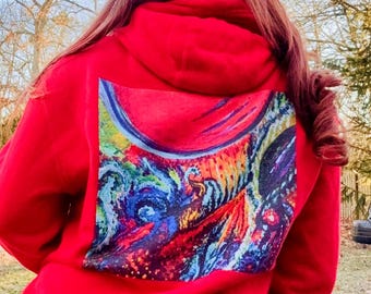Sudadera con capucha de expresión creativa / Sudadera con estampado abstracto vibrante en la espalda