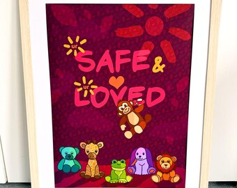 Safe + Loved Kids Room Art Poster – Animal-themed Rolled Print | Nursery Wall | Toddler Gift