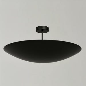 May include: A modern, black ceiling light fixture. The light has a circular base and a long, thin stem that connects to a large, flat, oval-shaped shade. The fixture is a matte black color.