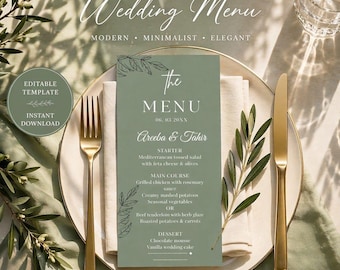 Sage Green Wedding Menu Template, Wedding Sign, Editable Wedding Menu Card, Eucalyptus Menu Sign, Canva Template