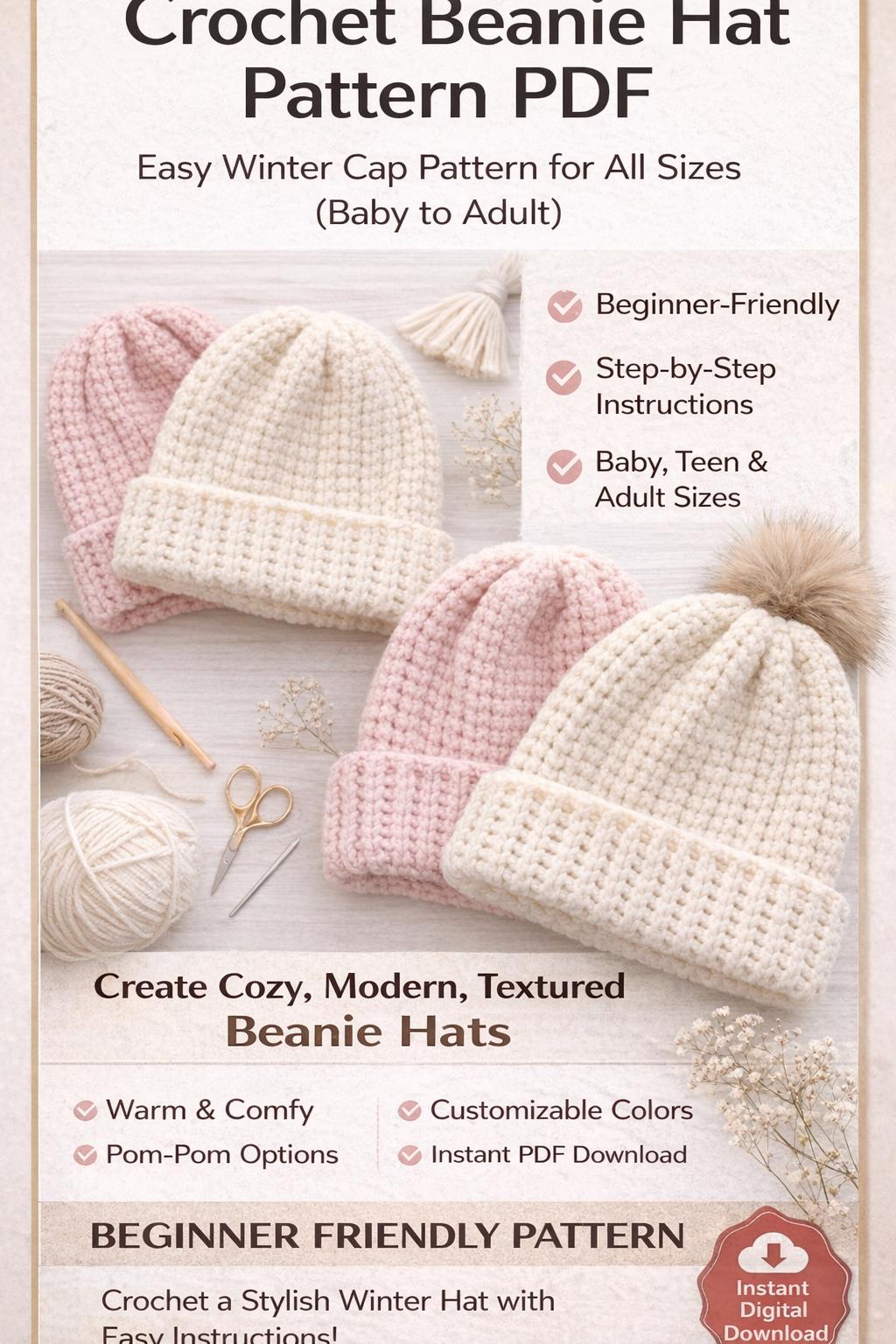 Easy Crochet Beanie Pattern PDF | Beginner Ribbed Winter Hat | Baby to ...