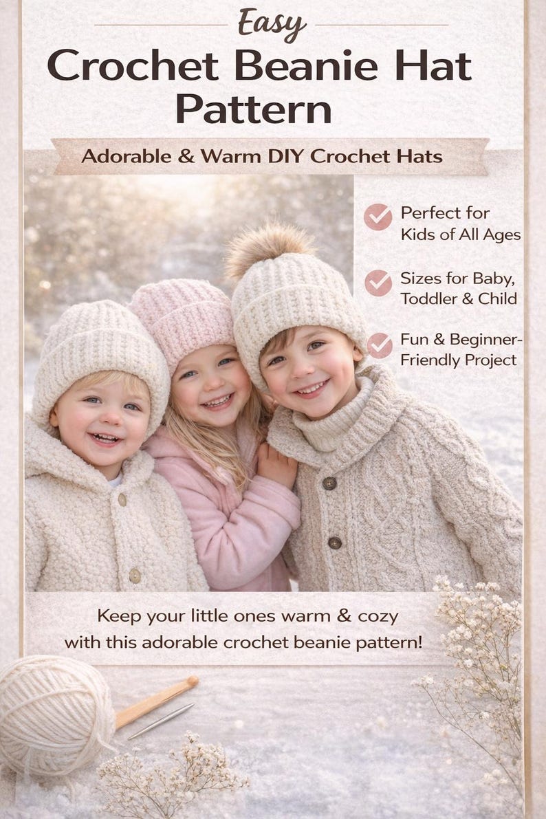 Easy Crochet Beanie Pattern PDF | Beginner Ribbed Winter Hat | Baby to ...