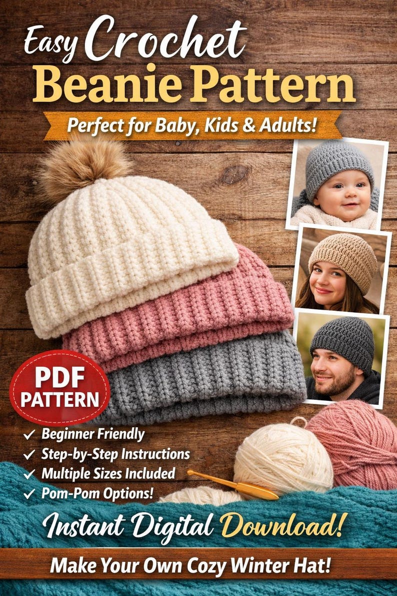 Easy Crochet Beanie Pattern PDF | Beginner Ribbed Winter Hat | Baby to ...