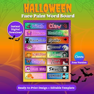 Puede incluir: Un tablero de palabras para pintura facial de Halloween con una cuadrícula de dieciséis etiquetas rectangulares con texto e ilustraciones, incluyendo Witch, Claw, Unicorn, Zombie, Black Cat, Spider, Broken Doll, Werewolf, Scarecrow, Joker, Butterfly, Scary Clown, Sugar Skull, Skull, Pumpkin Princess y Vampire.