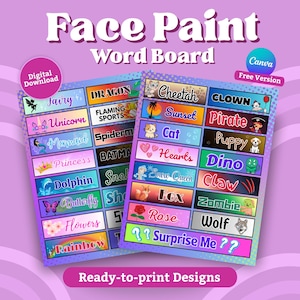 Face Paint Menu- Printable, Face Painting Sign (Instant Download Digital File)