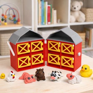 Op de afbeelding: Een rode en grijze boerderijspeelset met gele accenten, open om vier stallen te onthullen. Boerderijdierfiguren, waaronder een varken, koe, paard en schaap, zijn vooraan geplaatst. Een gele eend en kuikens zijn ook aanwezig.
