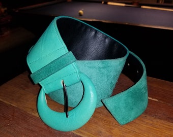 Vintage 1980s ALDEN HOWARD turquoise embossed Leather and suede cinch belt 80s SZ S