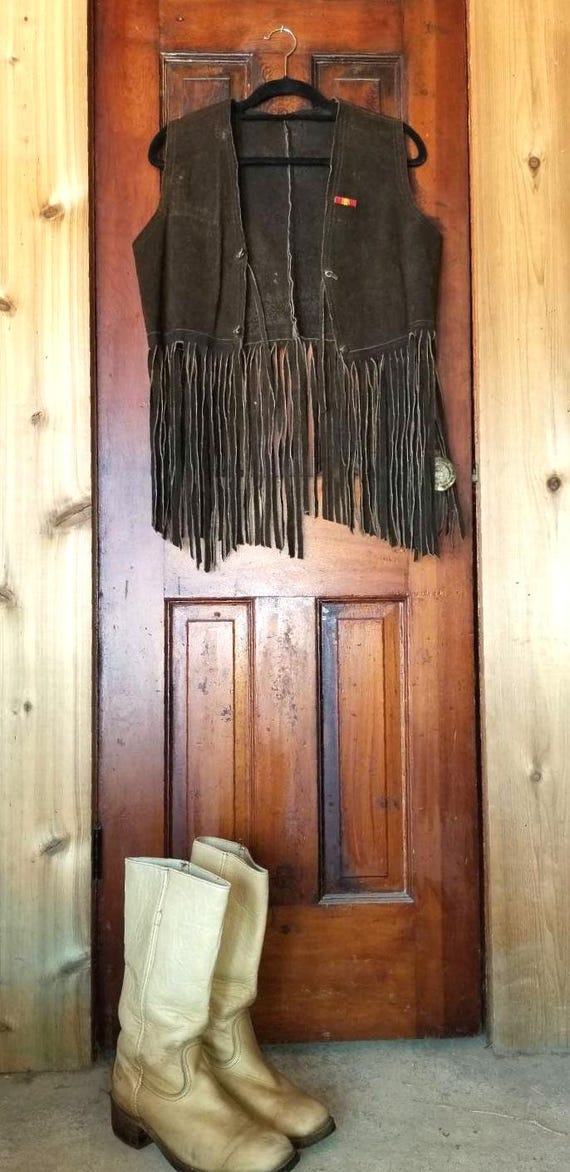 Vintage Brown Suede Fringe Vest - 1960s Woodstock Style, Size S with veteran ribbon pins