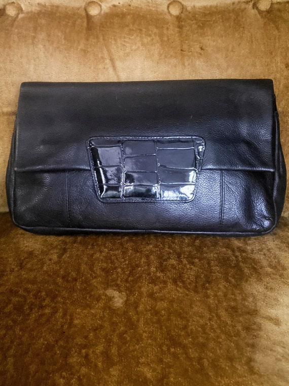 large black leather envelope clutch with fold over patent leather croc embossed flap.