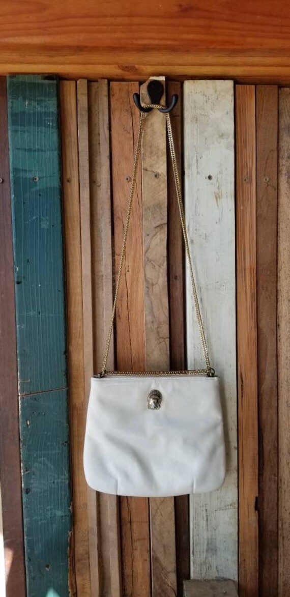 Vintage Ruth Saltz White Leather Purse: 70s Cougar Head, Gold Chain Strap