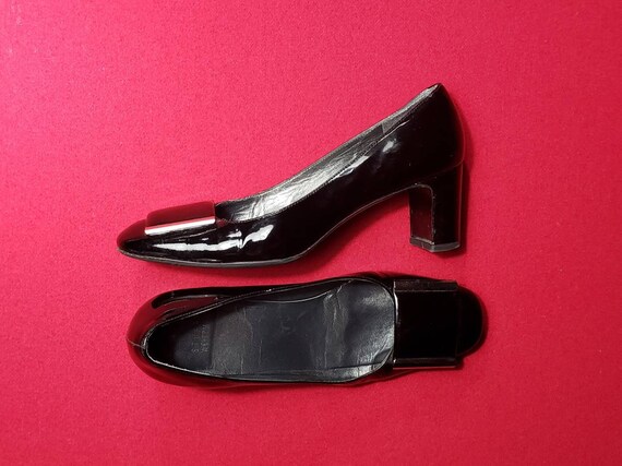 Stuart Weitzman Block Heal Black Patent Leather Pumps, Silver Decor, Size 7.5