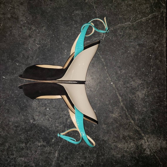 OSCAR de la RENTA Olga wedge sandal / peep toe / Haute couture sz EU 40  teal and taupe patent leather and black suede