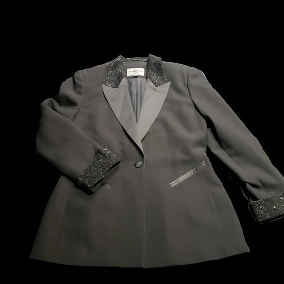 Women's Tuxedo Jacket: Vintage Albert Nipon Suit jacket. sz 10. Beaded cuffs and collar with satin trim. 1990s era