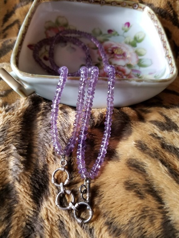 Amethyst Choker Necklace, Double Strand Faceted Rondelle Beads, Sterling Silver Toggle