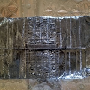 BACK BAY Ltd Black eel-skin leather clutch. Ruching down the front . Early 1980&#39;s, hand bag, purse, large clutch
