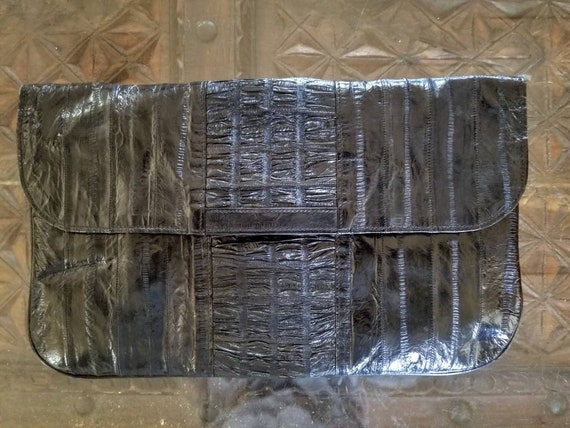 Vintage Black Eel Skin Leather Clutch, Ruched Envelope Bag