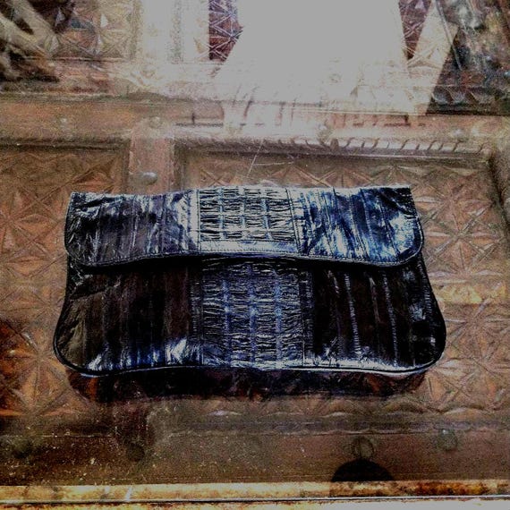 Vintage Black Eel Skin Leather Clutch, from Back Bay Ltd. Dallas, Texas. Envelope Evening Bag