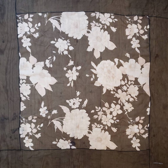 Vintage Giorgio Armani Silk Chiffon Scarf, Black & White Floral 33.5" square