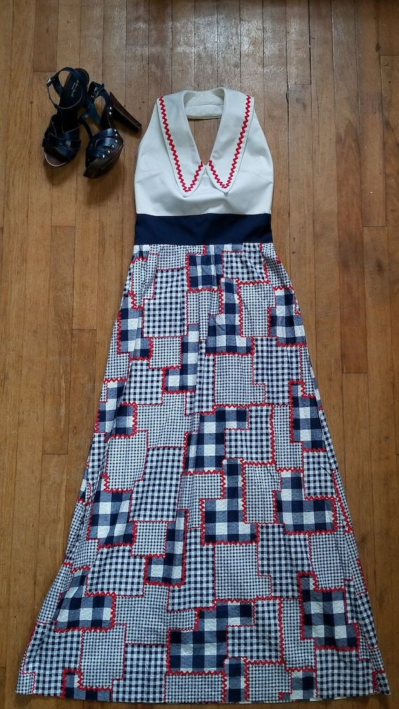 Vintage 1970s Gingham Halter Maxi Dress, Quilt Print Seersucker