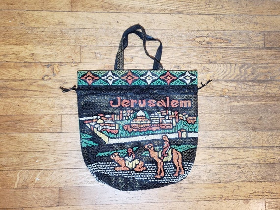 Vintage Jerusalem Beaded Tote Bag, 1970s Tourist Shopper Purse