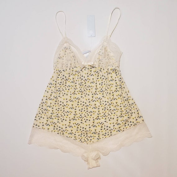 Eberjey Teddy Floral Lace Trim Cotton Knit Romper Pajamas Size Small