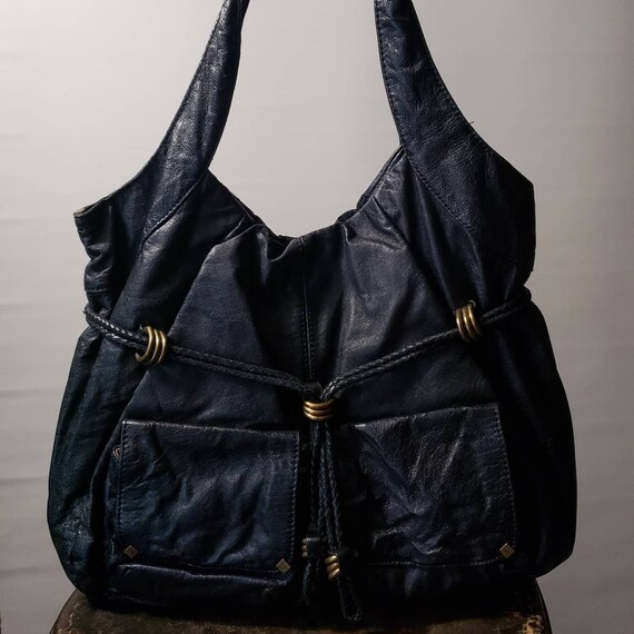 ELLIOTT LUCCA large drawstring braided lace hobo bag. Brass hardware. Black leather shoulder purse.