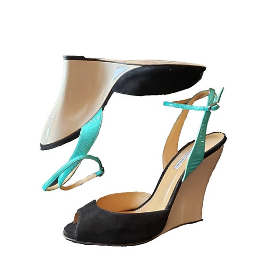 OSCAR de la RENTA Y2K Olga wedge sandal / peep toe / sz EU 40  teal, taupe patent leather, black suede