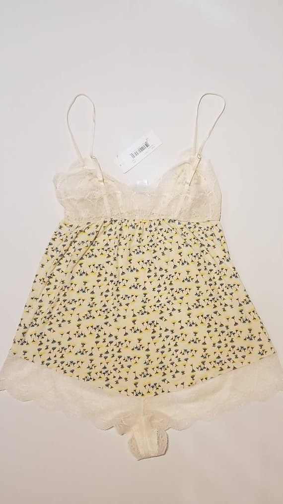 EBERJEY nighty, babydoll, romper, pjs. green and blue on floral cream and lace. Sz s comfy lingerie
