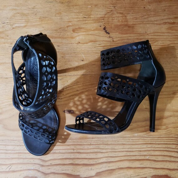 ALEXANDER MCQUEEN stilletto strappy ankle sandals. black laser cut leather bootie sandals size 37