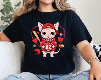 Red Sphynx Cat Valentine Tee Cute Pet Shirt Baseball Theme Football Style Love Graphic Unisex Cotton Streetwear Tee