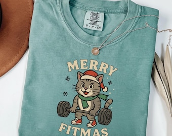 Christmas Cat Fitmas Shirt Gym Cat Holiday Gym Lifting Funny Santa Fit Comfort Colors Unisex Tee