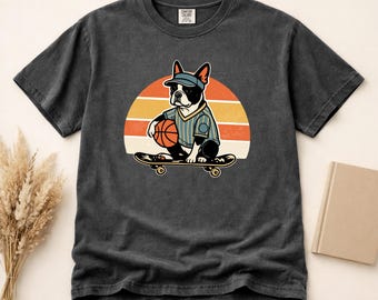 Vintage French Bulldog Skateboard Basketball Shirt Retro Dog Sports Graphic PNG