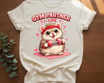 Gym Partner Tee Ferret Workout Shirt Cute Fitness Animal Valentines Gym Top Love Heart Design Kawaii Weasel Art Dumbbell Cartoon Print
