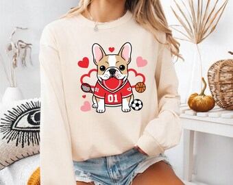 Red French Bulldog Valentine Tee Cute Dog Shirt Sports Theme Love Graphic Unisex Cotton Streetwear Tee