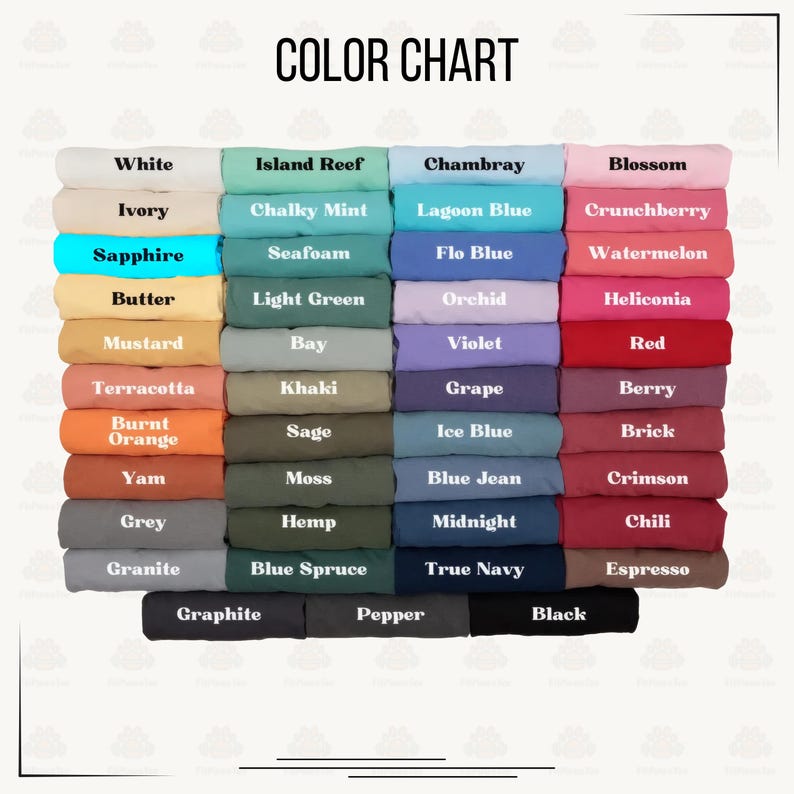 May include: A color chart displaying a grid of folded fabric swatches in various shades. The text "COLOR CHART" appears at the top. The swatches are labeled with names including White, Ivory, Sapphire, Butter, Mustard, Terracotta, Burnt Orange, Yam, Grey, Granite, Island Reef, Chalky Mint, Seafoam, Light Green, Bay, Khaki, Sage, Moss, Hemp, Blue Spruce, Graphite, Pepper, Chambray, Lagoon Blue, Flo Blue, Orchid, Violet, Grape, Ice Blue, Blue Jean, Midnight, True Navy, Blossom, Crunchberry, Watermelon, Heliconia, Red, Berry, Brick, Crimson, Chili, Espresso, and Black.