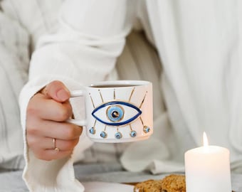 Evil Eye Keramikkaffeetasse, handgefertigt mit 24K Gold - 250 ml